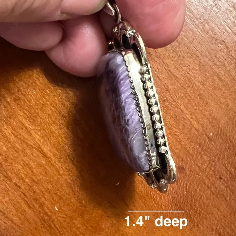 Natural Charoite 925 Silver Pendant – Silk Patterned Stone Purple Gemstone #557